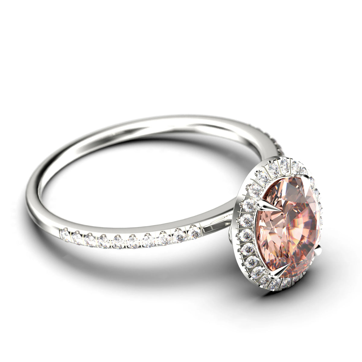 Art Deco 2.25 Carat Oval Cut Morganite And Diamond Moissanite Engagement Ring in 925 Sterling Silver With 18k White Gold Plating C451