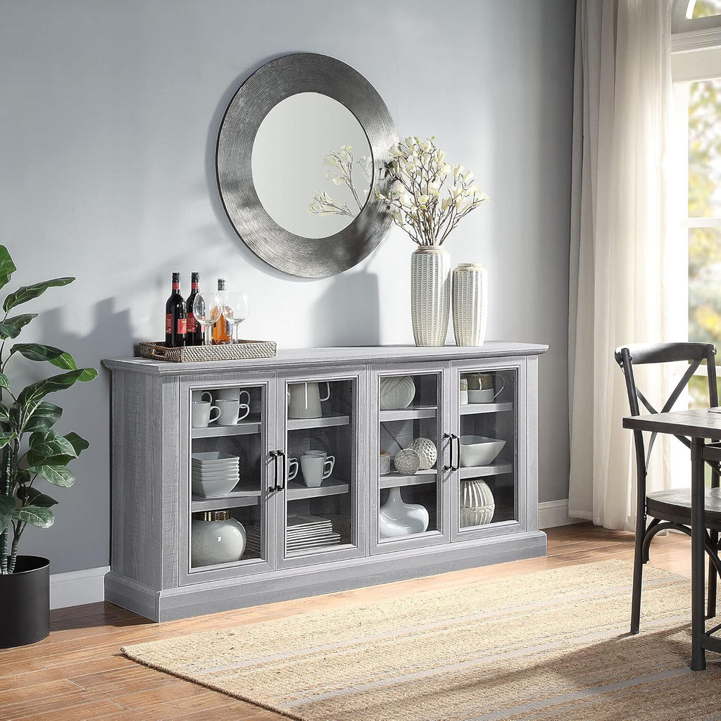 Rustic Grey Wood Sideboard Buffet with Storage Cabinet and Glass Doors K569