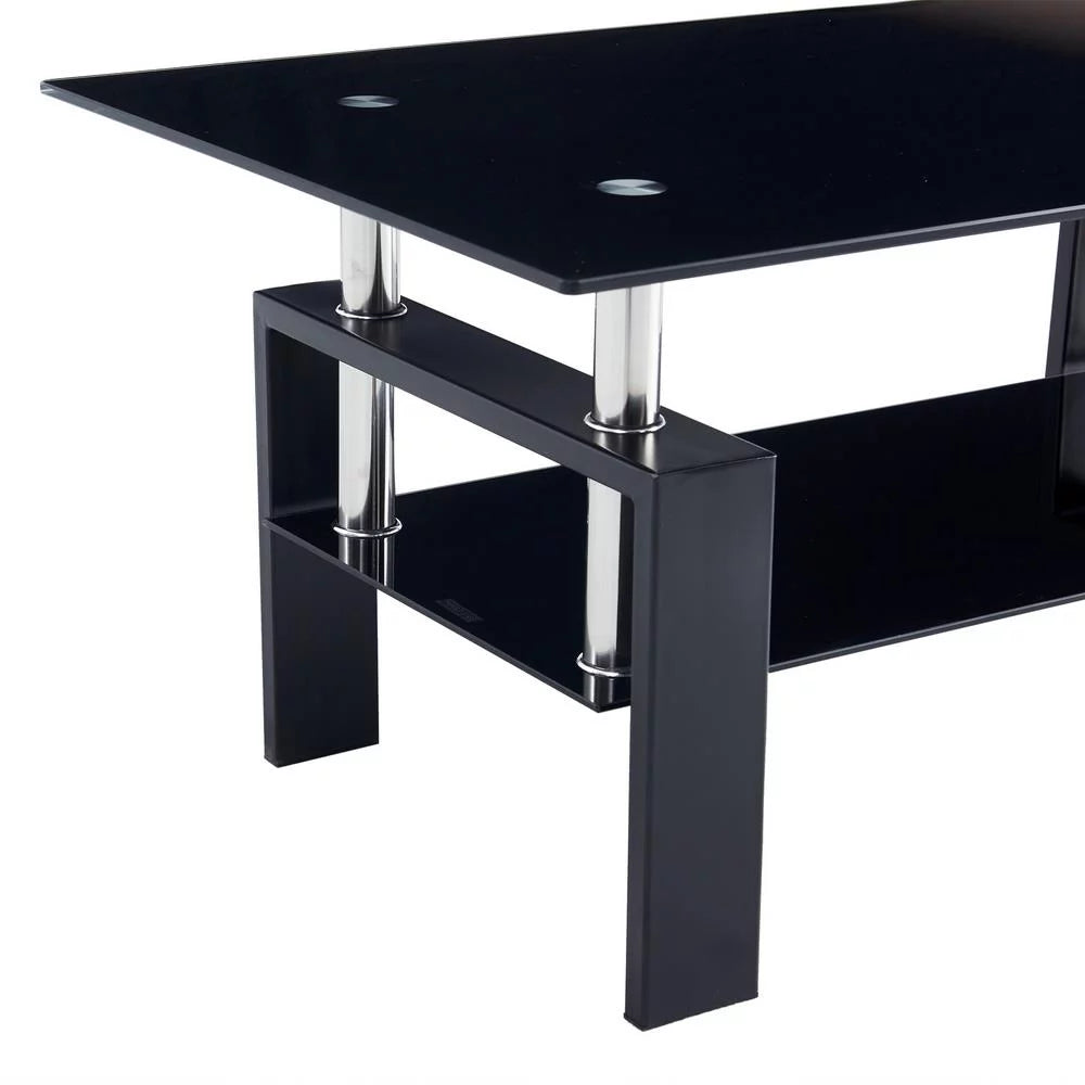 Rectangle Glass Coffee Table with Lower Shelf Metal Legs H885