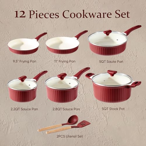 12pcs Non Stick Granite Pots and Pans Set, Dark Red I2903