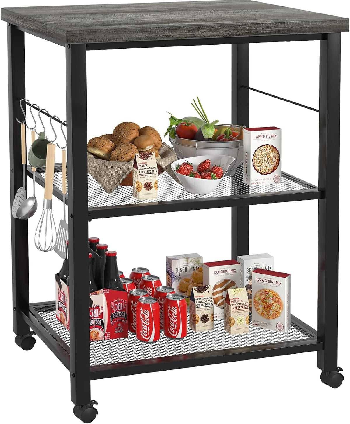3 Tier Kitchen Cart with Wheels and 5 Hooks D19655