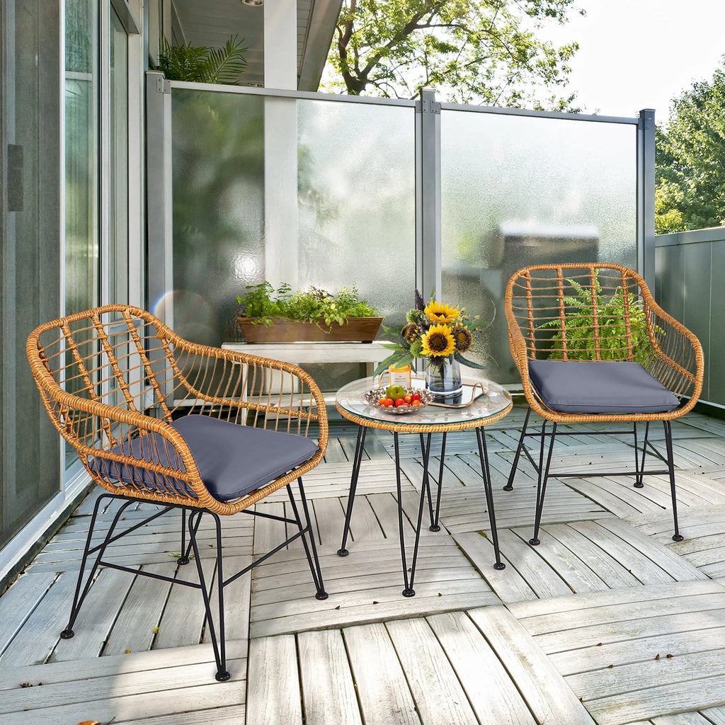 3 Pc Cushioned Patio Rattan Bistro Set X8969
