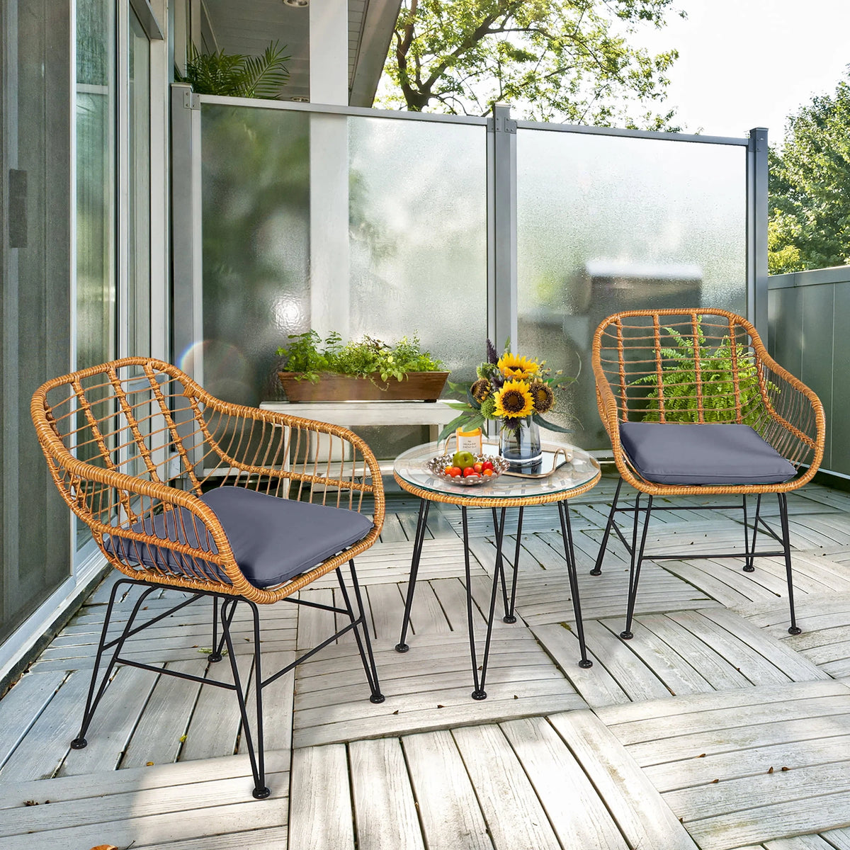 3 Pc Cushioned Patio Rattan Bistro Set X8969