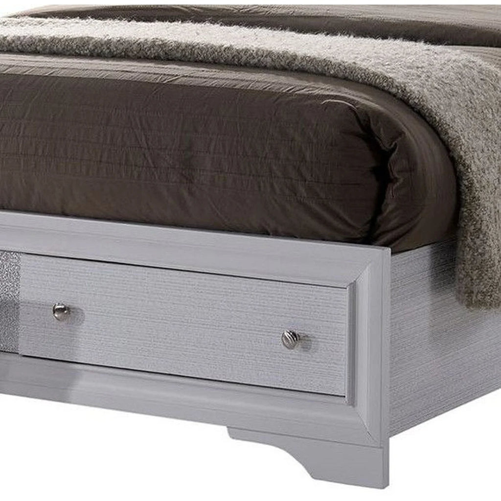 White Panel Design Eastern King Bed with Silver Accents D79463