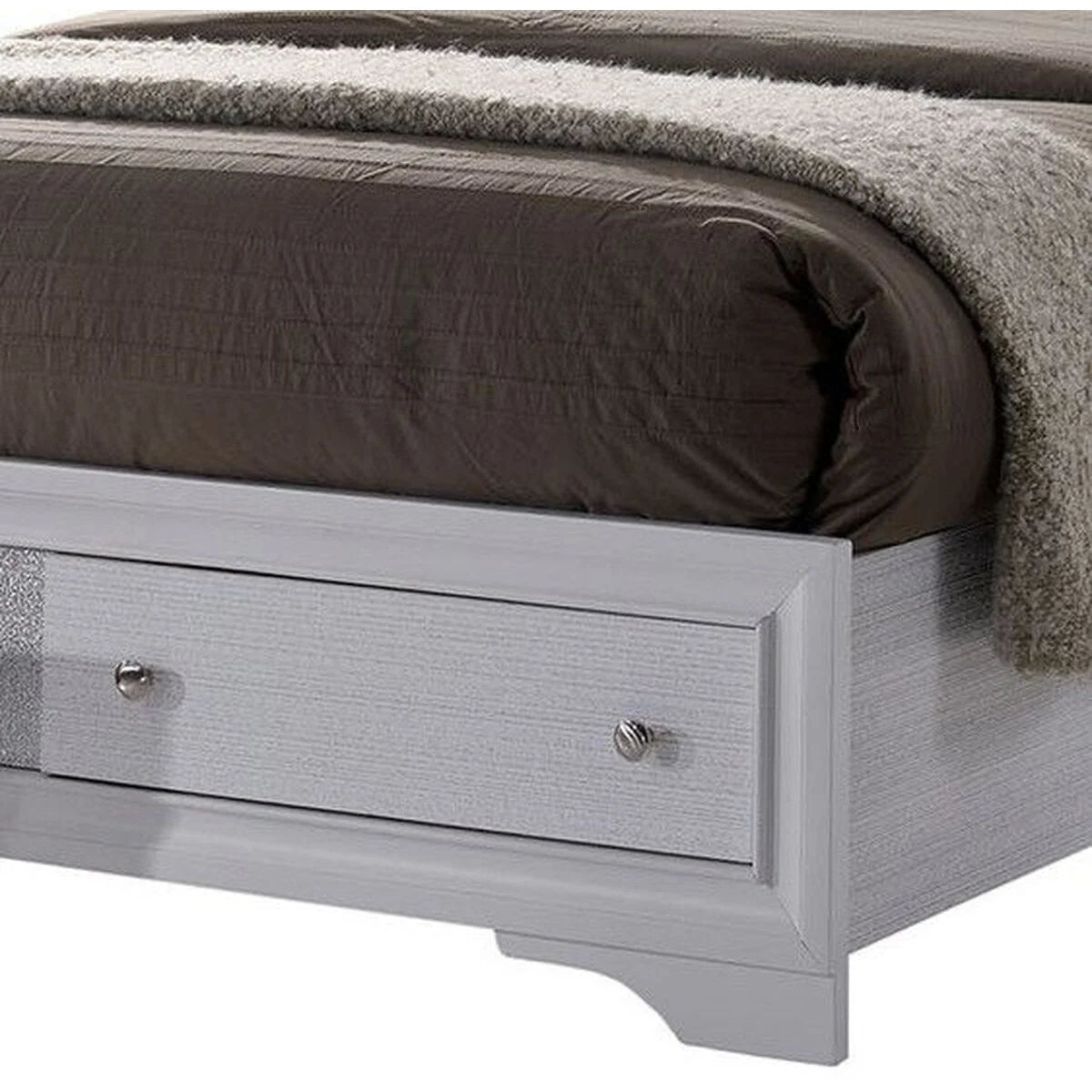 White Panel Design Eastern King Bed with Silver Accents D79463