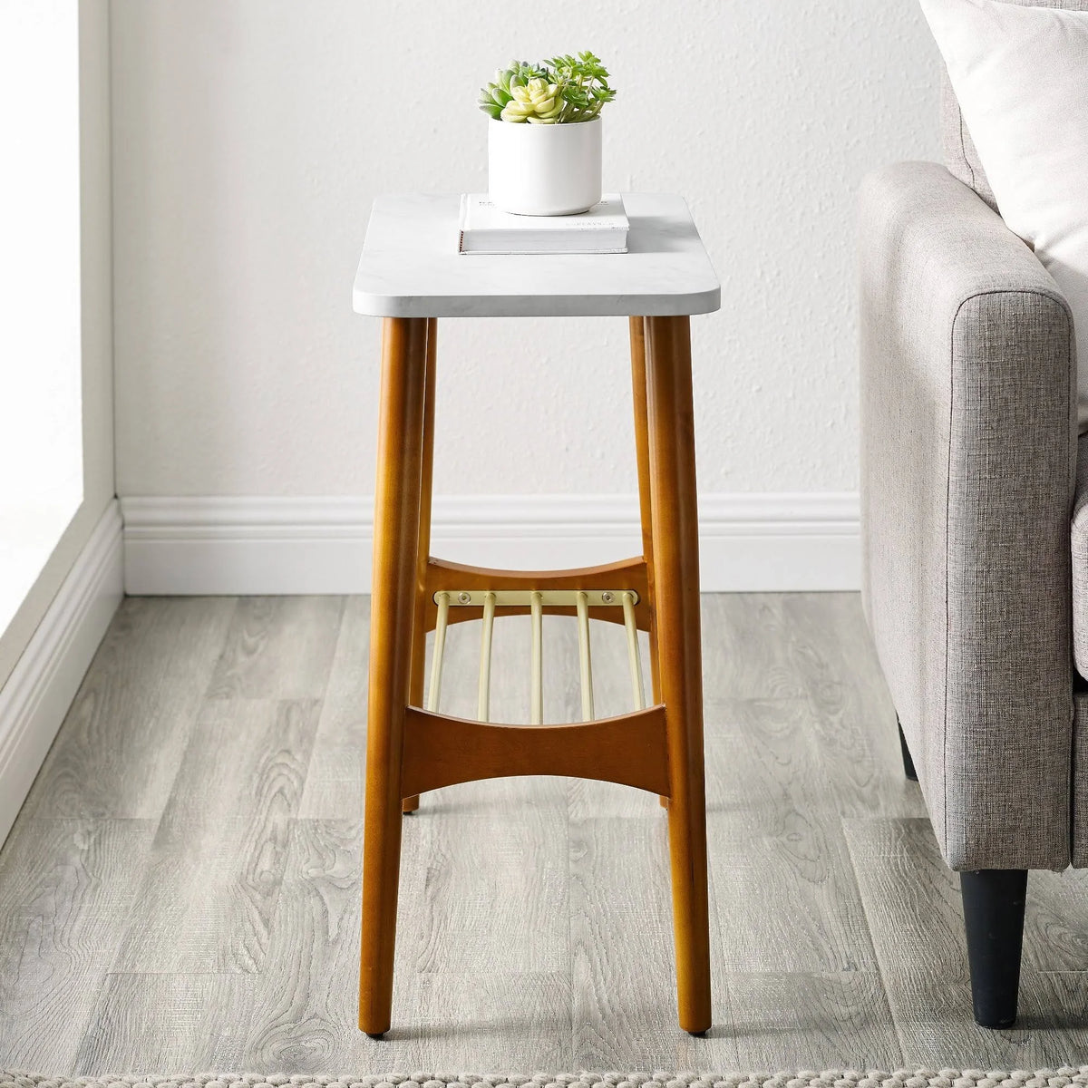 Tapered Leg Side Table Acorn White Faux Marble W257