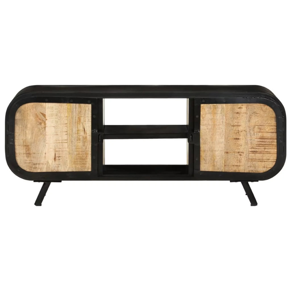 TV Stand with 2 Compartments and 2 Storage Shelves Rough Mango Wood Iron Legs F32573