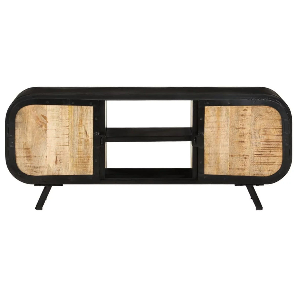 TV Stand with 2 Compartments and 2 Storage Shelves Rough Mango Wood Iron Legs F32573