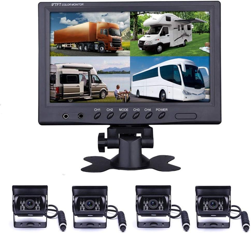 Hard Wired Backup Camera 9'' Quad Split Screen HD Monitor System Pack of 2 O5269