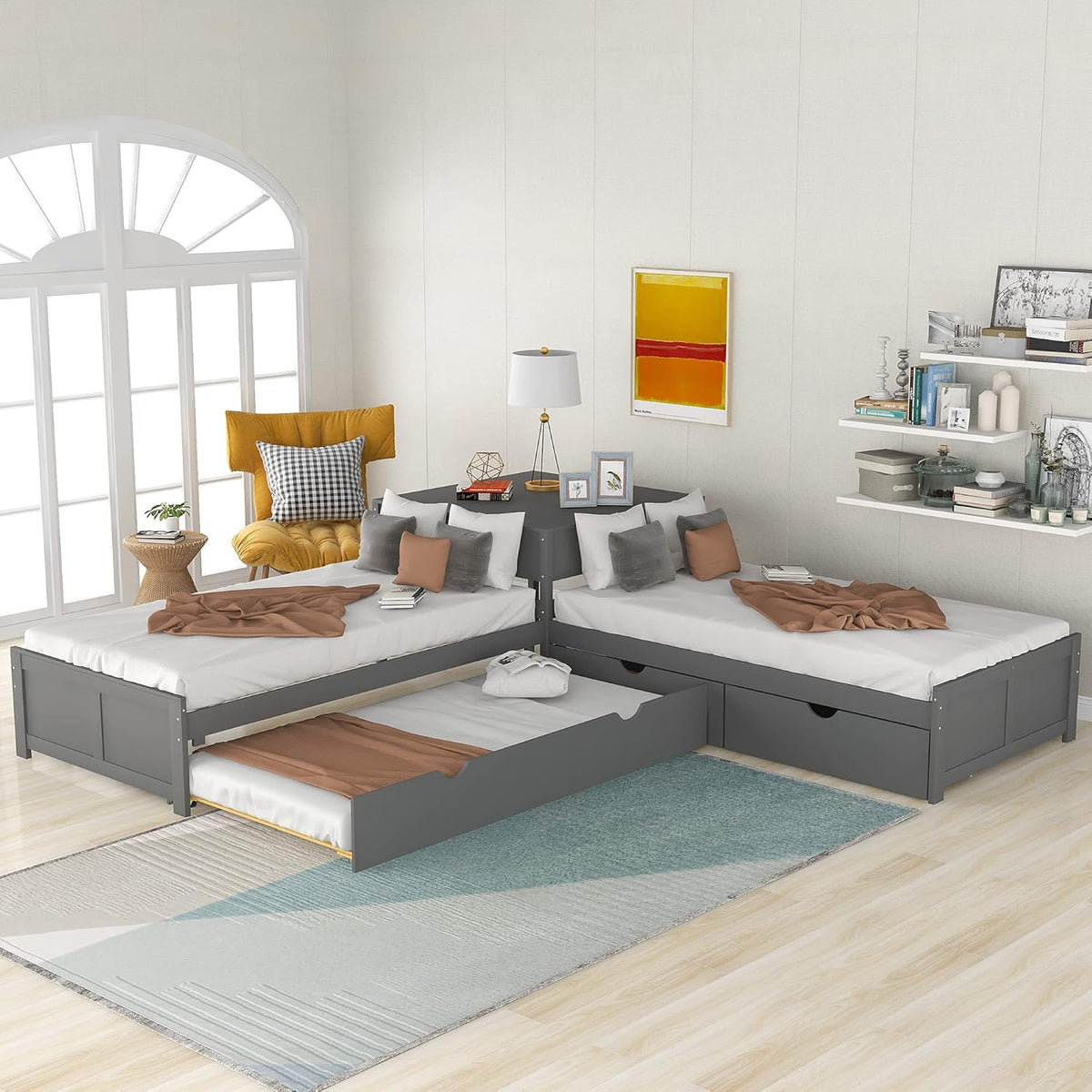 Twin L-Shaped Platform Bed with Trundle, 2 Storage Drawers, and Built-in Square Desk N18731