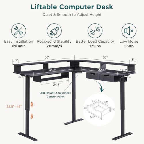 Dark Rustic Oak L Shaped Electric Standing Desk with Drawers F539