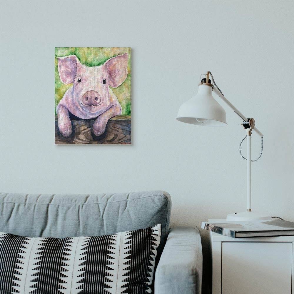 Pink Pig Green Watercolor Canvas Art F4124