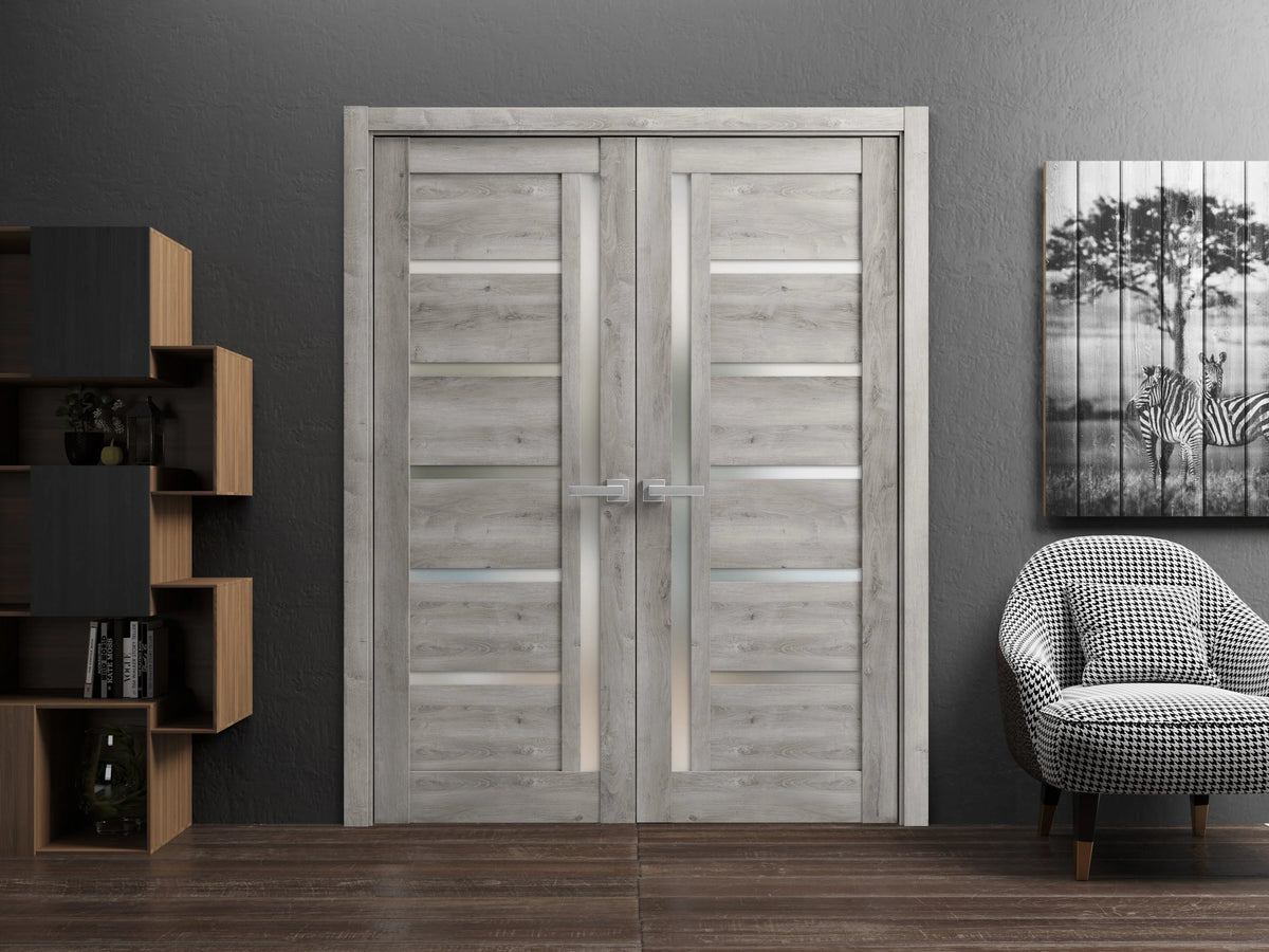 Solid French Double Doors 56 x 84 inches with Frosted Glass Wood Frame C131