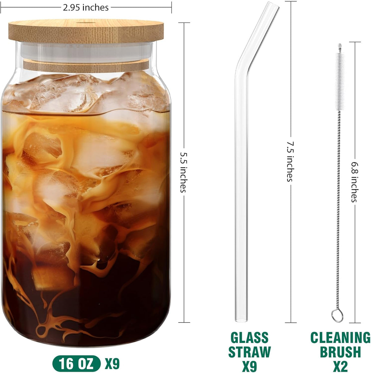 9pcs 16 oz Drinking Glasses with Bamboo Lids and Glass Straw P923