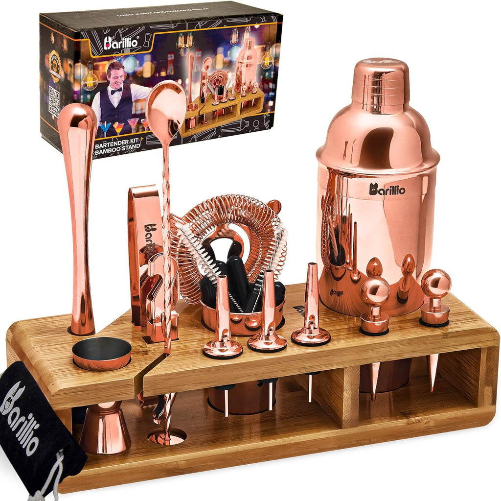 Black 23-Piece Stainless Steel Bartender Kit with Bamboo Stand J78960