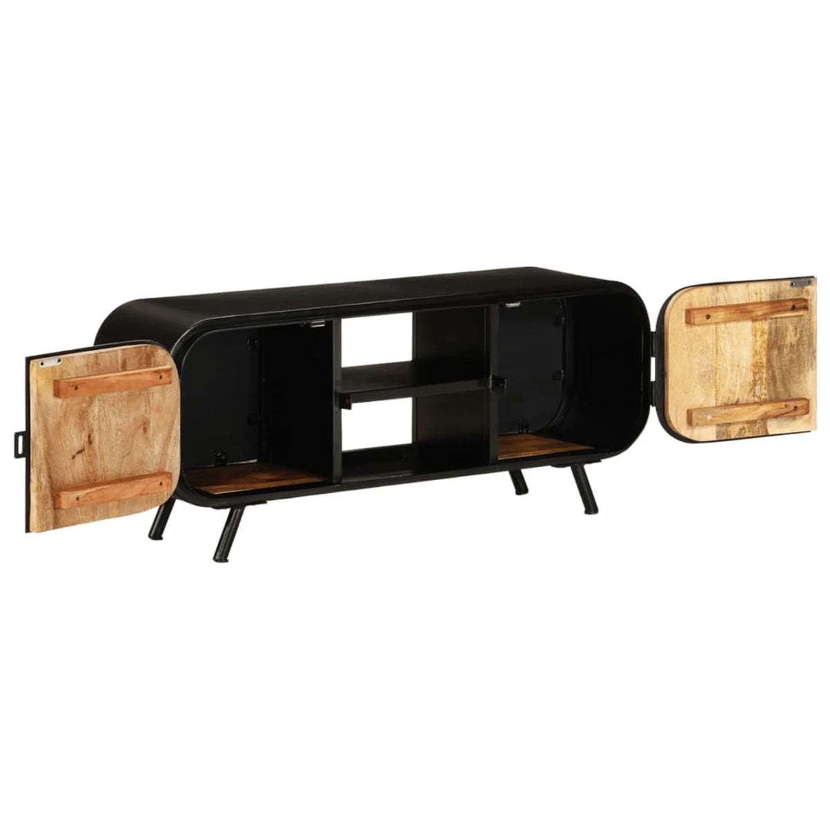 TV Stand with 2 Compartments and 2 Storage Shelves Rough Mango Wood Iron Legs F32573