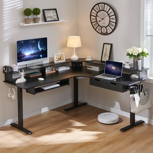 Dark Rustic Oak L Shaped Electric Standing Desk with Drawers F539