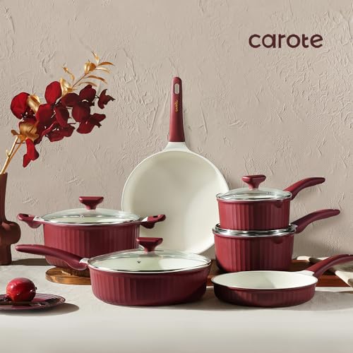 12pcs Non Stick Granite Pots and Pans Set, Dark Red I2903