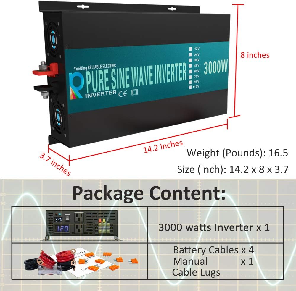 3000W 48V 120V Pure Sine Wave Power Inverter with 2 AC Outlets D6183