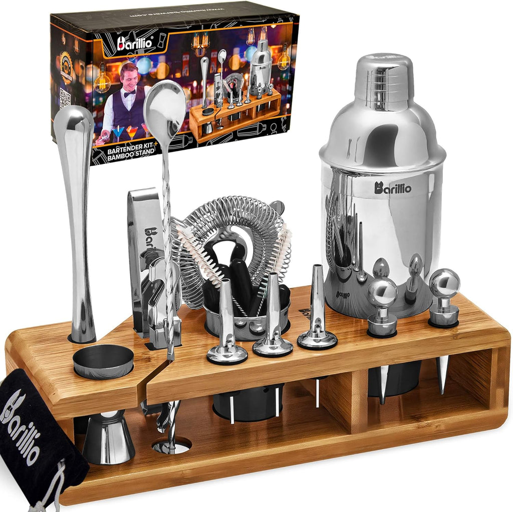 Black 23-Piece Stainless Steel Bartender Kit with Bamboo Stand J78960