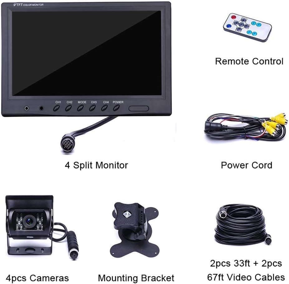 Hard Wired Backup Camera 9'' Quad Split Screen HD Monitor System Pack of 2 O5269