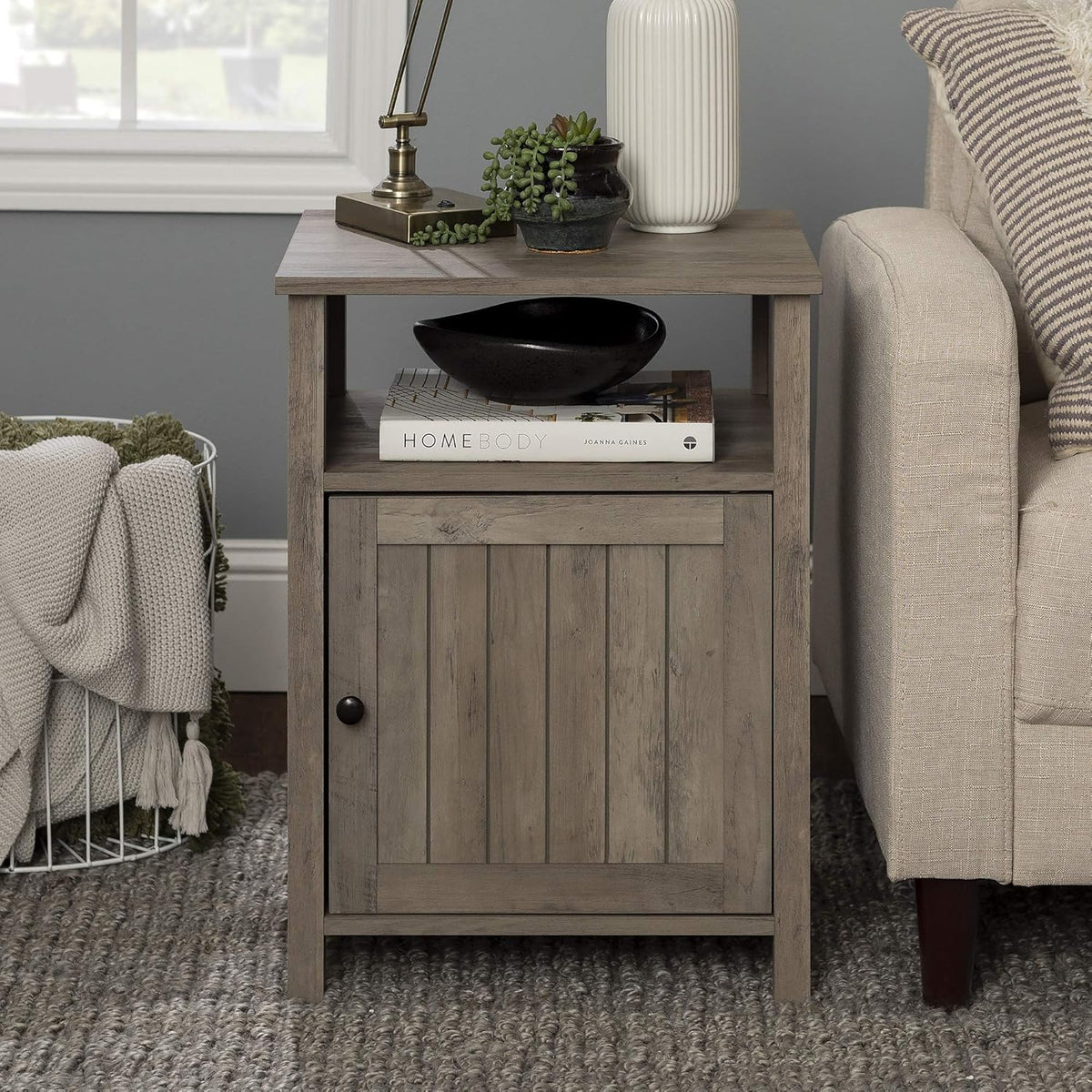 Modern Farmhouse Wood Side Accent Table with Cabinet Door, 18 Inch, Grey Wash D67212