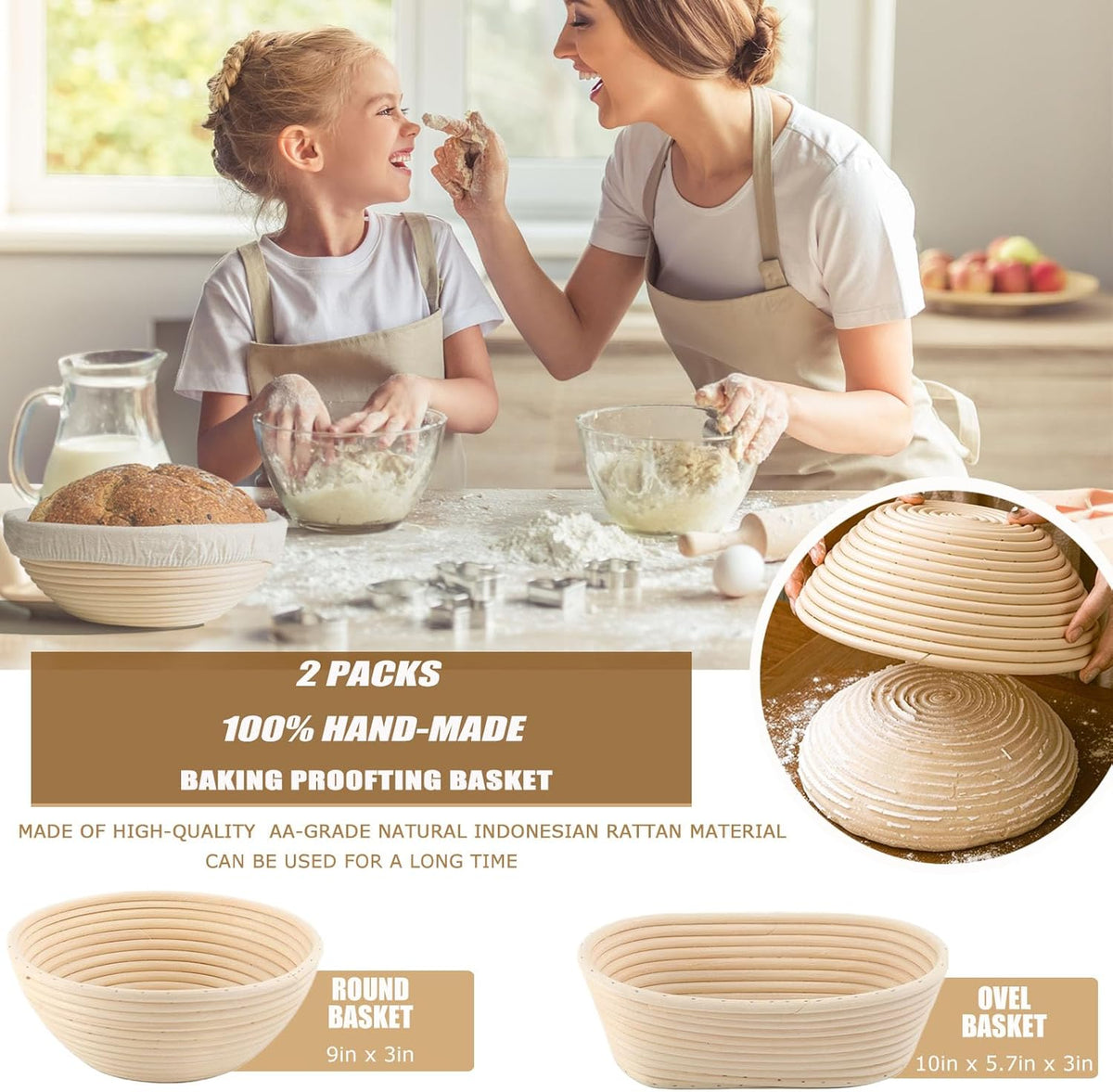 9 Inch Round & 10 Oval Rattan Bread Proofing Baskets Set G742801