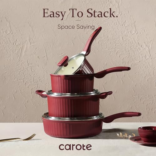 12pcs Non Stick Granite Pots and Pans Set, Dark Red I2903