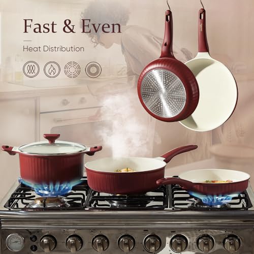12pcs Non Stick Granite Pots and Pans Set, Dark Red I2903