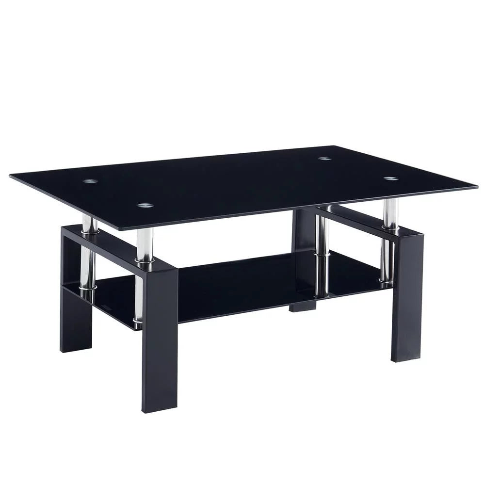 Rectangle Glass Coffee Table with Lower Shelf Metal Legs H885