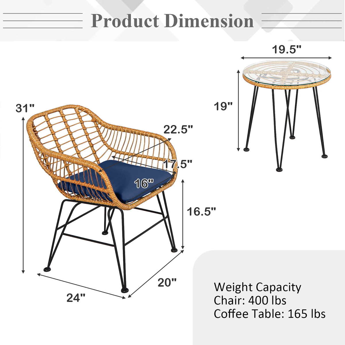 3 Pc Cushioned Patio Rattan Bistro Set X8969