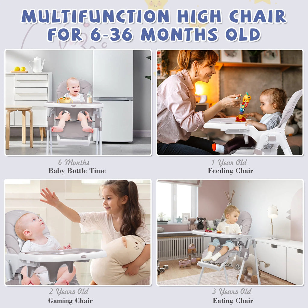 Portable Folding Highchair with Adjustable Height, Removable Tray, Gray I796809