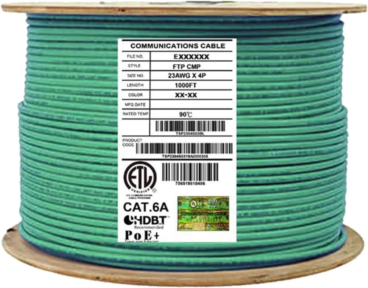 Bulk Ethernet Cable Reel, Cat6A Shielded Plenum, 1000ft, FTP 23AWG, Solid Pure Copper, Blue O9907
