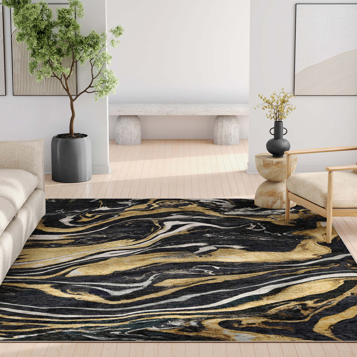 Black Gold Flatweave Area Rug O95694