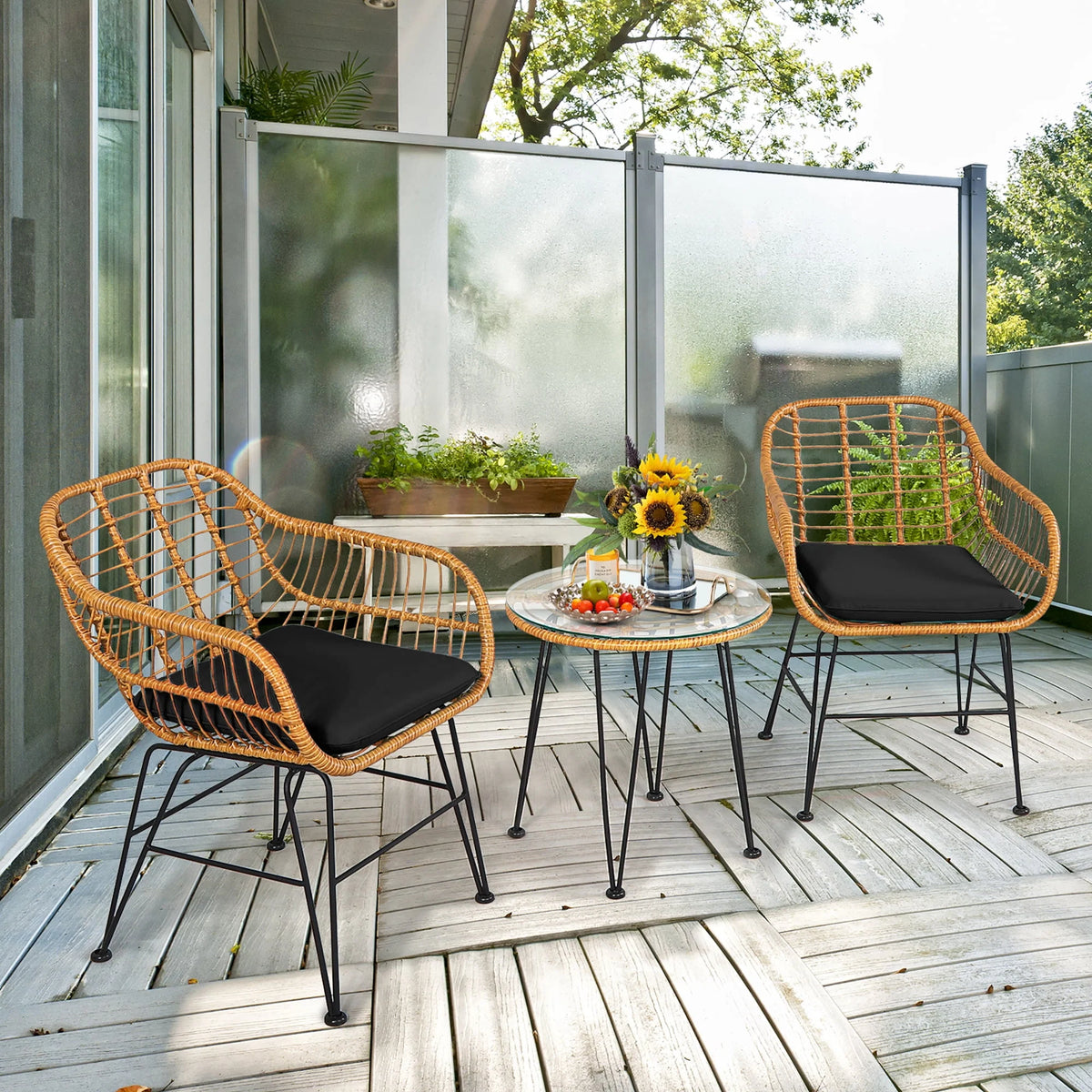 3 Pc Cushioned Patio Rattan Bistro Set X8969