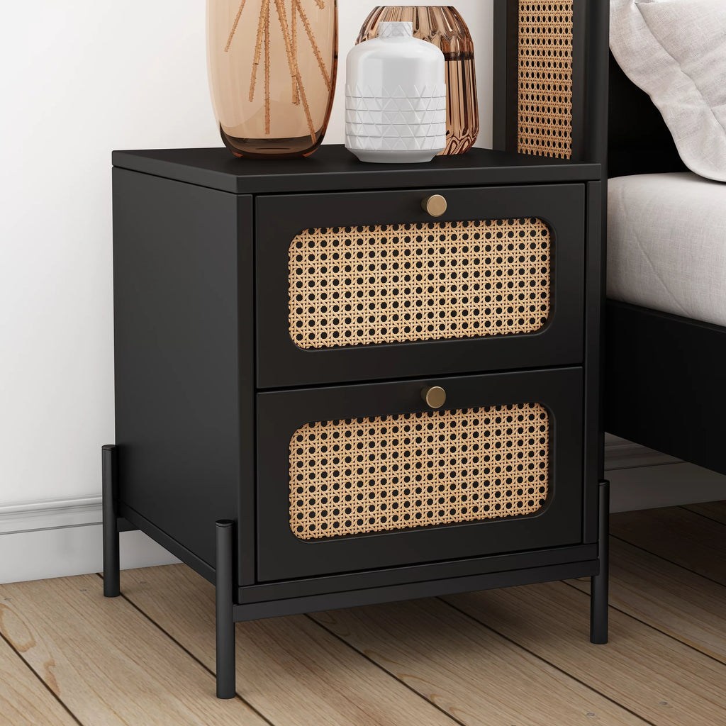 Walnut 2-Drawer Rattan Wood Side Table E152887