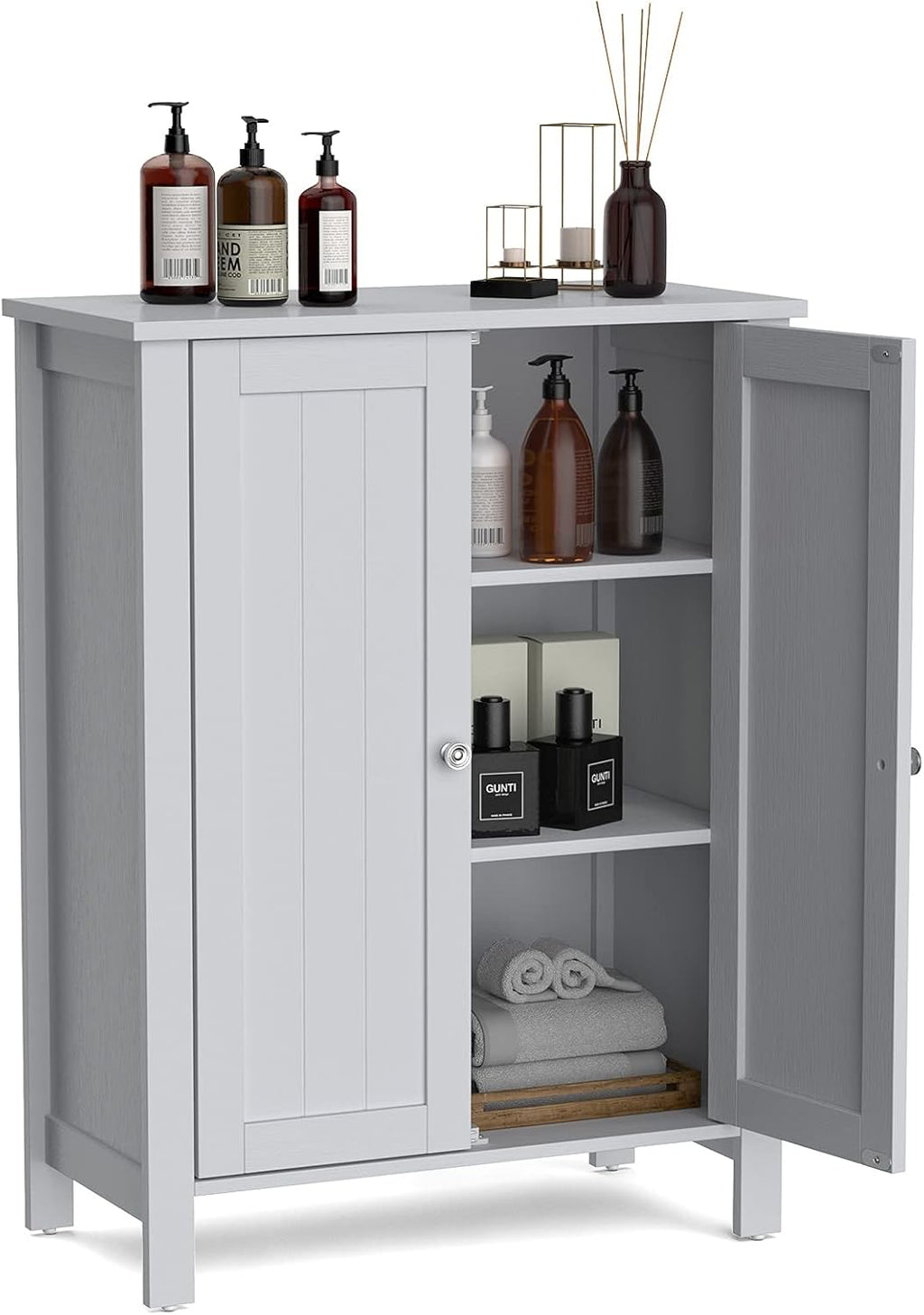 Grey Wooden Bathroom Floor Cabinet with 3-Tier Adjustable Shelf and Double Doors R978143