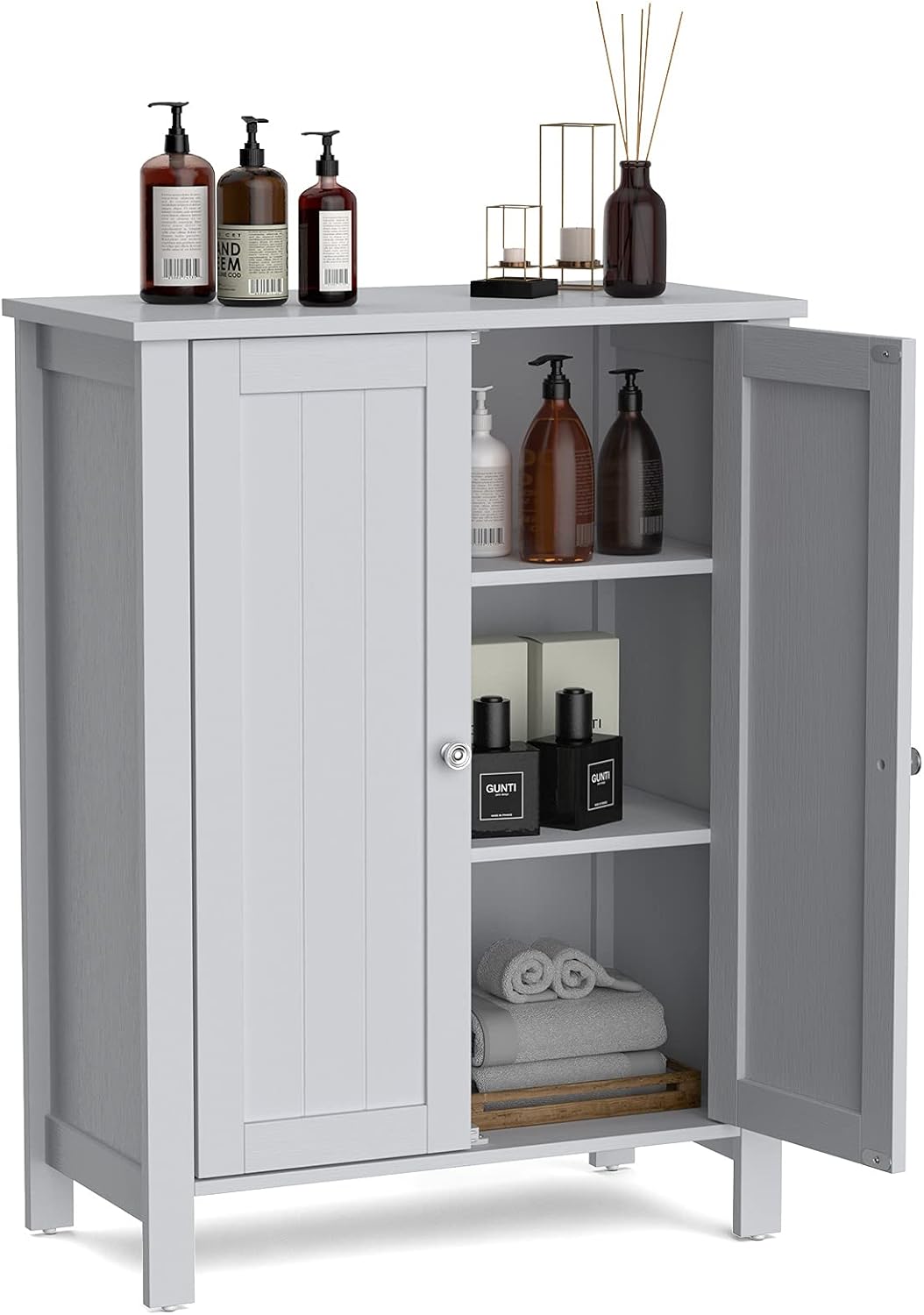 Grey Wooden Bathroom Floor Cabinet with 3-Tier Adjustable Shelf and Double Doors R978143
