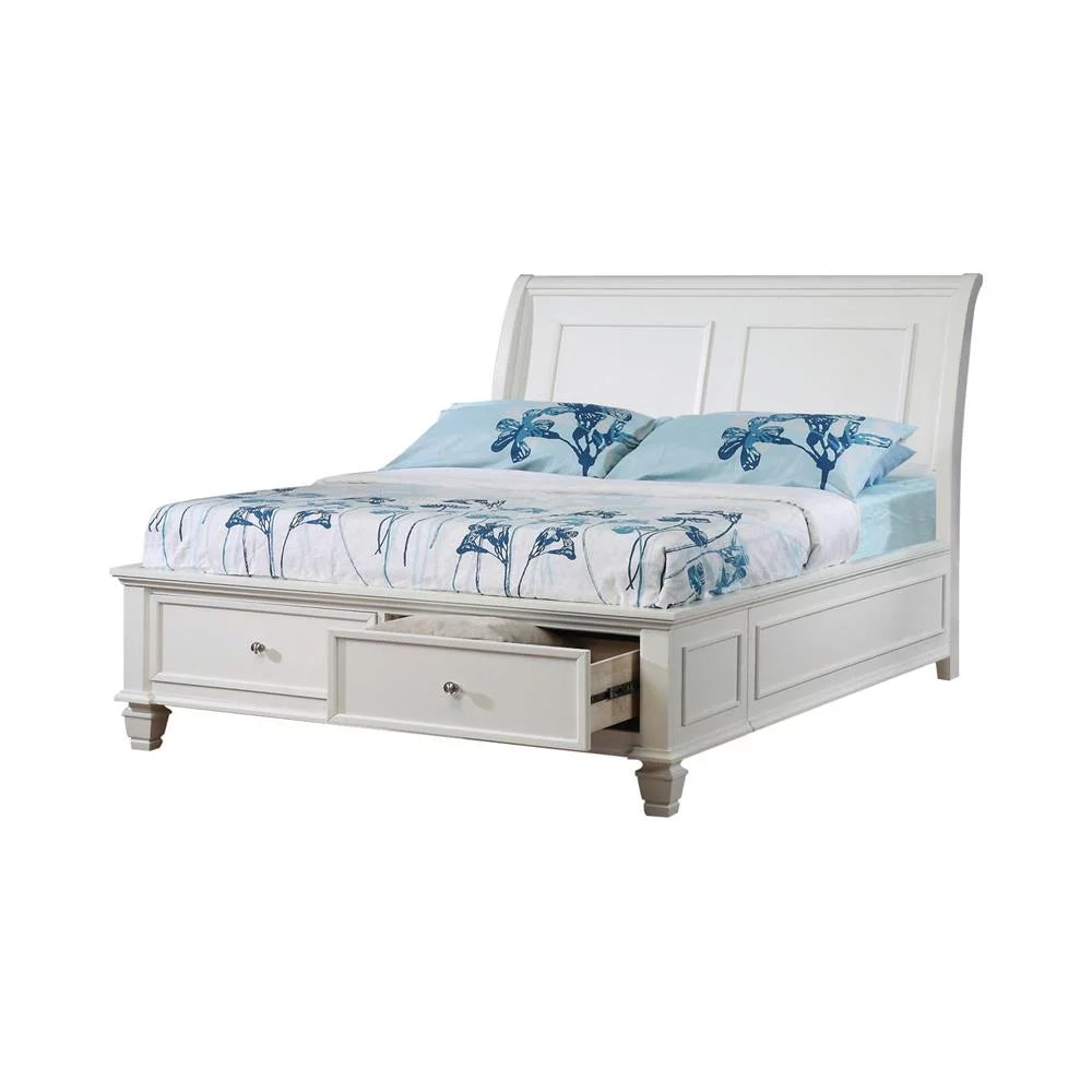 Full Sleigh Bed with Footboard Storage Cream White V37660