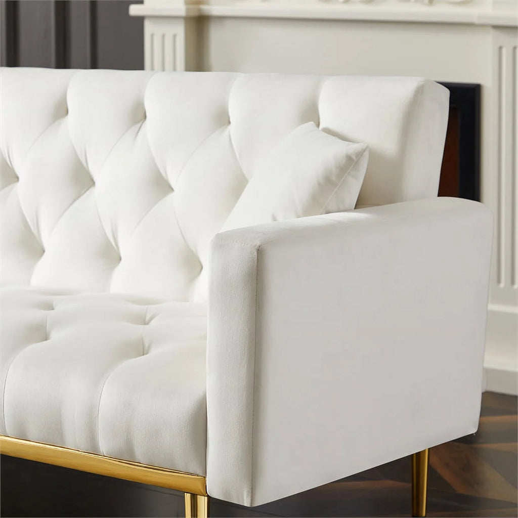 Cream White Velvet Convertible Futon Sofa Bed W322780