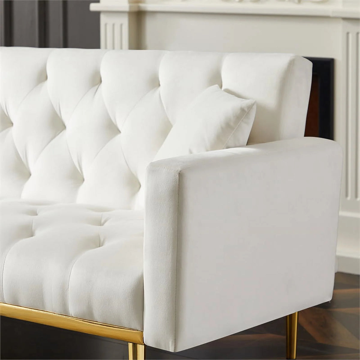Cream White Velvet Convertible Futon Sofa Bed W322780