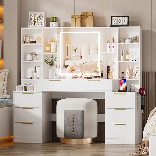 Large White Makeup Vanity Desk with Lighted Mirror and Power Outlet U551