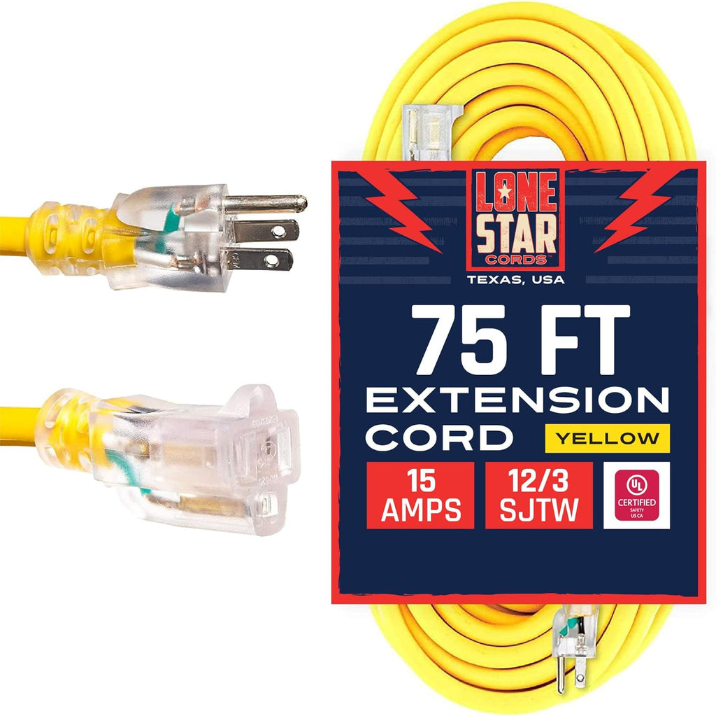 75 Foot 12/3 SJTW Lighted Extension Cord Yellow 3 Prong Grounded Plug 12 Gauge Cable Pack of 2 V819732