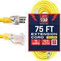 75 Foot 12/3 SJTW Lighted Extension Cord Yellow 3 Prong Grounded Plug 12 Gauge Cable Pack of 2 V819732