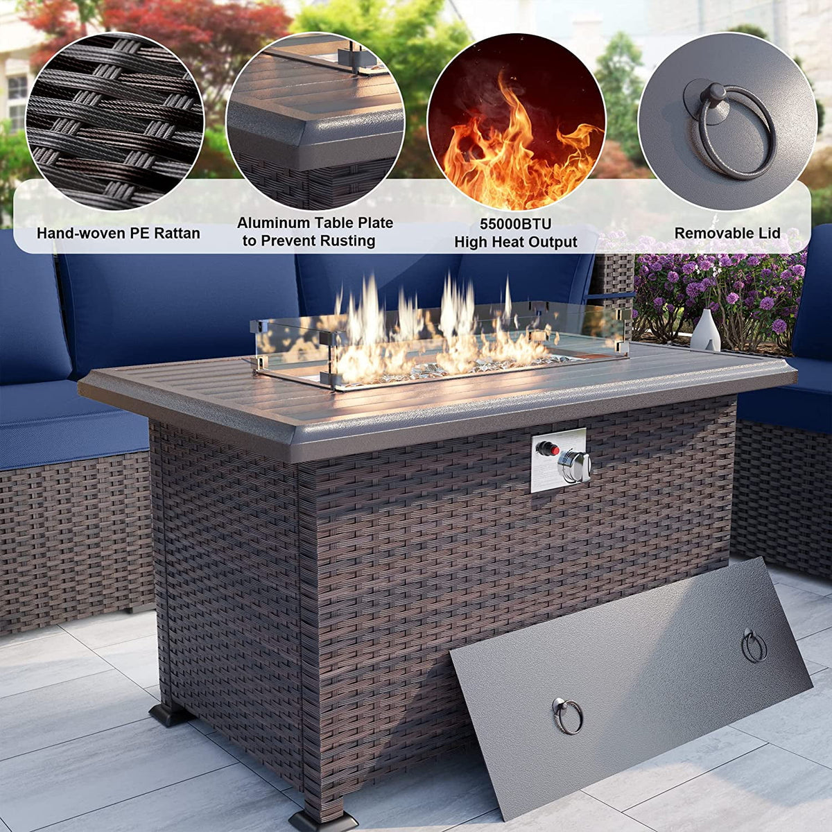 15 Pieces Outdoor Patio Furniture Set with Propane Fire Pit Table Navy Blue M1290