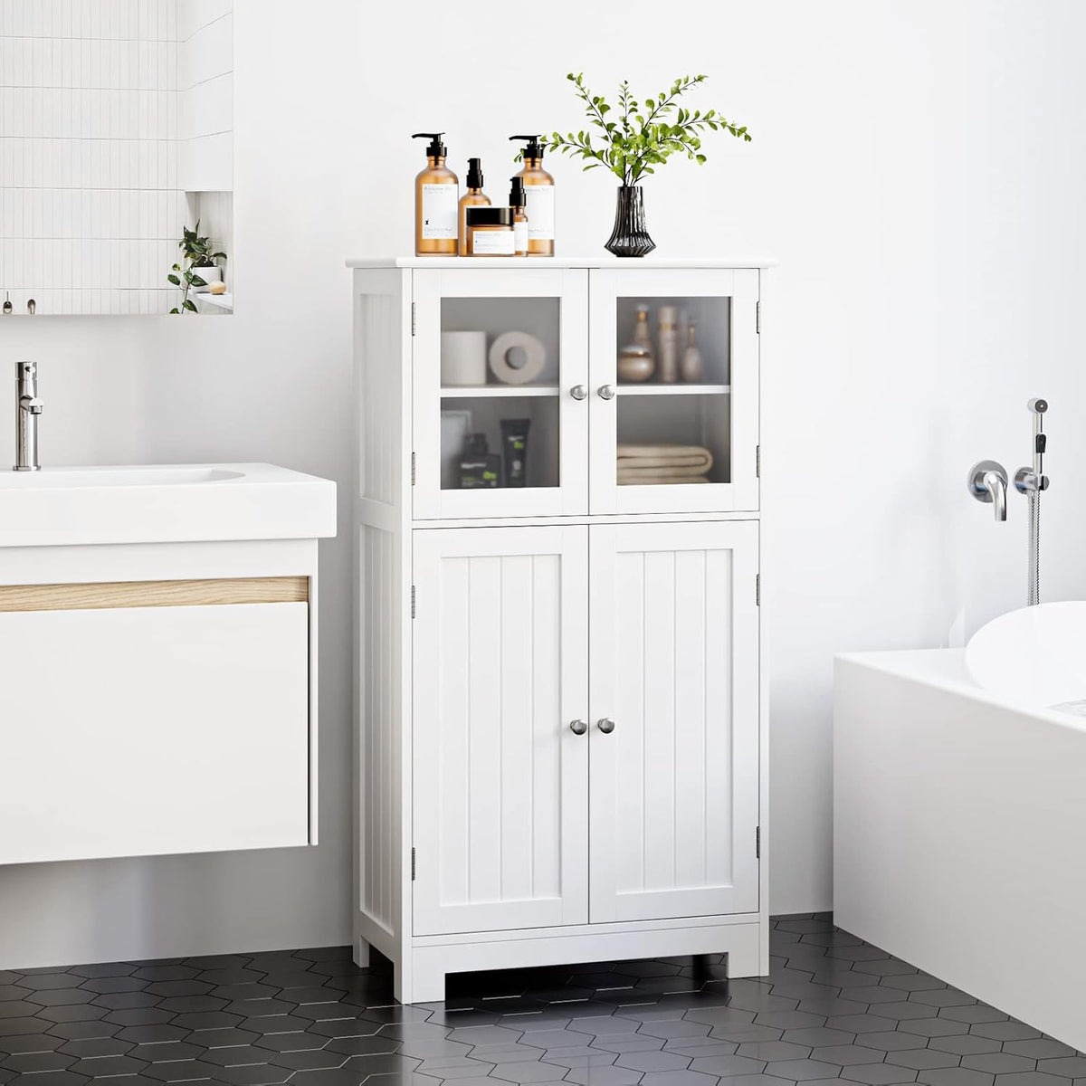 White Wooden Bathroom Cabinet with Doors and Adjustable Shelves Z934