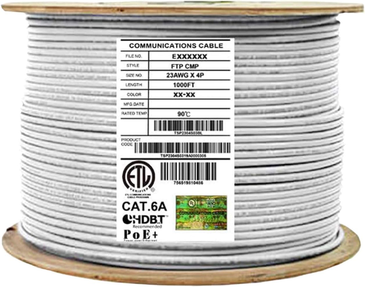 Bulk Ethernet Cable Reel, Cat6A Shielded Plenum, 1000ft, FTP 23AWG, Solid Pure Copper, Blue O9907
