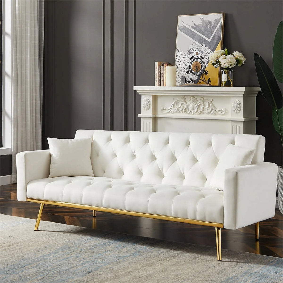 Cream White Velvet Convertible Futon Sofa Bed W322780