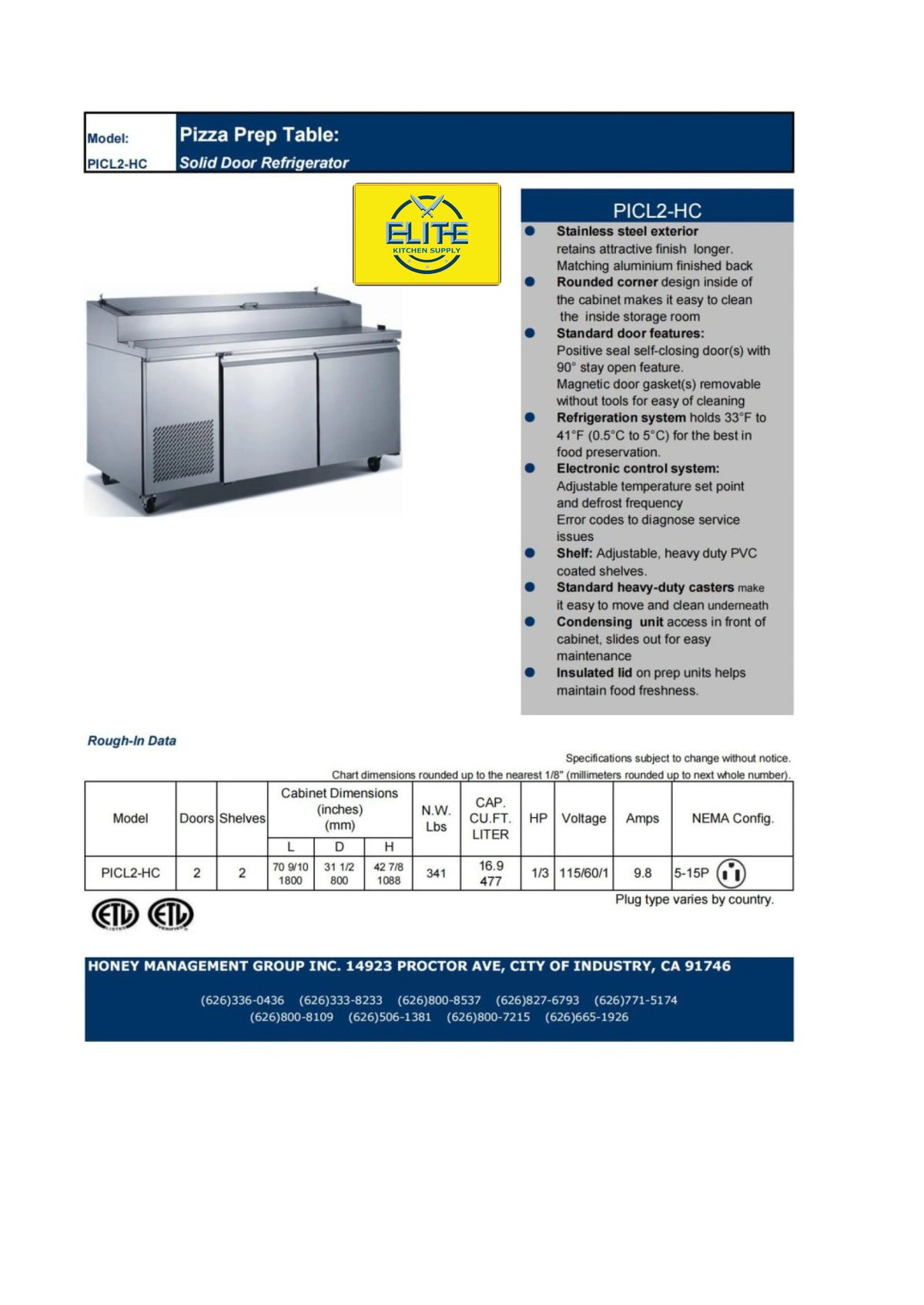 Commercial Pizza/Salad Prep Stainless Steel Table Refrigerator 16.9 cu. ft. A26042
