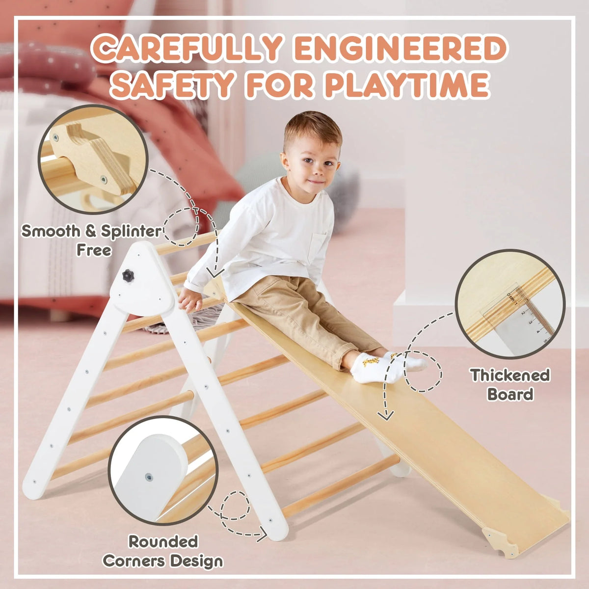 Foldable Wooden Climbing Triangle Arch with Ramp and Slide Y556